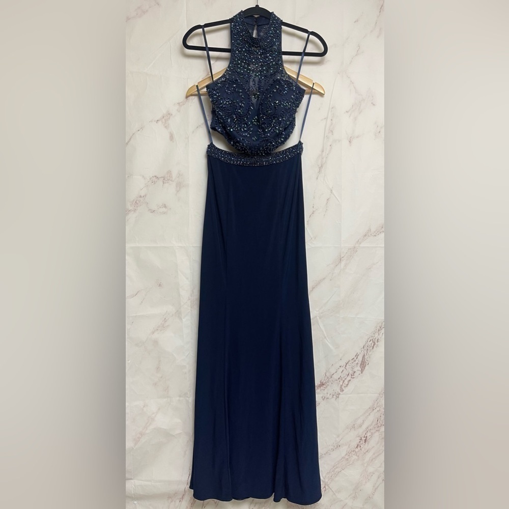Sean Collection Beaded Sheer Neck Prom Gown